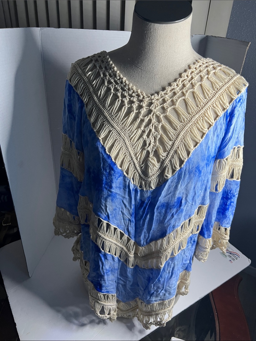 Blue Tie-Dye Tunic with Cream Crochet Trim